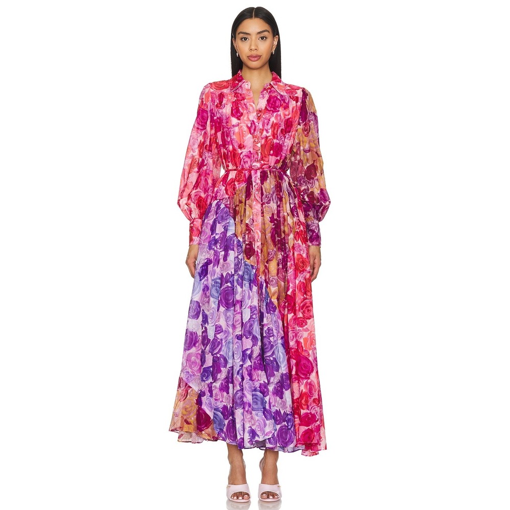 Aje Rose Patchwork Cotton Maxi Dress Pink Purple Floral 24SU5225 Size 10